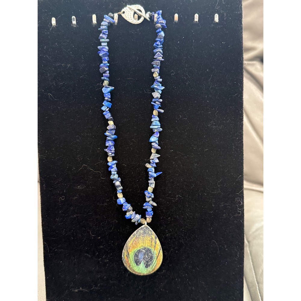 Lapis Lazuli Chip Bead Necklace with Peacock Feather Teardrop Pendant Boho Blue